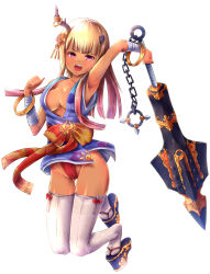 Rule 34 | 1girl, amatelas, bad id, bad pixiv id, bandages, blonde hair, breasts, chain, cleavage, clog sandals, club, club (weapon), combat s-ko, floral print, hair ornament, highres, horns, japanese clothes, jewelry, kanabou, loincloth, long hair, lots of jewelry, obi, okobo, oni, open mouth, original, platform clogs, purple eyes, sandals, sash, solo, thighhighs, weapon, white thighhighs