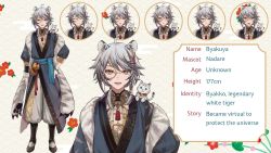 Rule 34 | 1boy, animal, animal ears, blue eyes, byakuya (vtuber), character profile, character sheet, csyday, full body, grey hair, highres, kitsune cafe, monocle, official art, second-party source, short hair, solo, tiger, tiger boy, tiger ears, virtual youtuber, white tiger, white tiger print