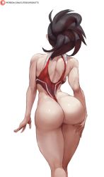 Rule 34 | 10s, 1girl, ass, back, bare shoulders, black hair, boku no hero academia, breasts, curvy, cutesexyrobutts, female focus, grabbing, highres, large breasts, legs, leotard, long hair, midriff, ponytail, solo, standing, thick thighs, thighs, wide hips, yaoyorozu momo