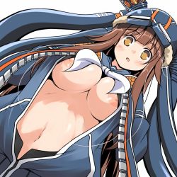 Rule 34 | 10s, 1girl, blush, breasts, brown eyes, brown hair, hat, iona (last period), large breasts, last period, long hair, looking at viewer, navel, neckerchief, nipples, no bra, open clothes, open mouth, solo, tsuzuri (tuzuri), upper body