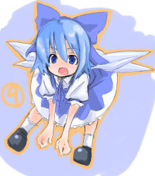 Rule 34 | 1girl, bow, circled 9, cirno, fang, female focus, mip, open mouth, phantasmagoria of flower view, socks, solo, touhou, white socks