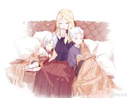 Rule 34 | 1girl, aged down, blonde hair, blue eyes, blush, book, closed eyes, closed mouth, covering with blanket, cup, dante (devil may cry), devil may cry (series), eva (devil may cry), family, hair slicked back, highres, holding, holding cup, long hair, mother and child, mother and son, multiple boys, parent and child, siblings, simple background, smile, stuffed animal, stuffed toy, teddy bear, vergil (devil may cry), weibo 2929299473, white hair