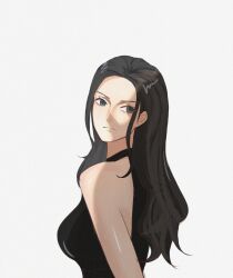 Rule 34 | 1girl, black dress, black hair, blue eyes, chinese commentary, closed mouth, commentary request, cowboy shot, dress, highres, long hair, looking back, nico robin, one piece, sidelocks, simple background, sleeveless, sleeveless dress, solo, white background, yang77780185