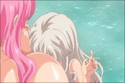 Rule 34 | 2girls, 3ping lovers! ippu nisai no sekai e youkoso, animated, animated gif, between breasts, blush, grabbing another&#039;s breast, breast press, breast smother, breasts, cleavage, closed eyes, gigantic breasts, grabbing, long hair, multiple girls, nude, pink hair, white hair