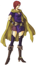 Rule 34 | 1girl, armor, breasts, brown eyes, cleavage, fire emblem, fire emblem: the blazing blade, garter straps, hair over one eye, hand on own hip, highres, izuka daisuke, leila (fire emblem), looking at viewer, nintendo, official art, purple thighhighs, red hair, simple background, skirt, smile, solo, thighhighs, white background