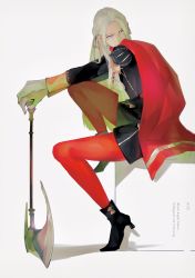 Rule 34 | 1girl, axe, cape, character name, closed mouth, dated, edelgard von hresvelg, fire emblem, fire emblem: three houses, garreg mach monastery uniform, gloves, hair ornament, hair ribbon, high heels, highres, knee up, pantyhose under shorts, long hair, long sleeves, looking away, nintendo, over shoulder, pantyhose, pink eyes, purple eyes, red cape, red pantyhose, ribbon, sarano 6, shorts, simple background, sitting, solo, uniform, weapon, white background, white hair