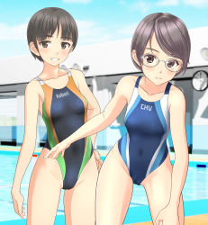 Rule 34 | absurdres, bench, black hair, black one-piece swimsuit, blue sky, blurry, breasts, brown eyes, cameltoe, cloud, commentary request, competition swimsuit, covered navel, cowboy shot, depth of field, glasses, grin, hand on own hip, highleg, highleg swimsuit, highres, leaning forward, looking at viewer, multicolored clothes, multicolored swimsuit, one-piece swimsuit, original, outdoors, parted lips, pool, short hair, sky, small breasts, smile, standing, swept bangs, swimsuit, takafumi
