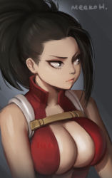 Rule 34 | 1girl, absurdres, bare shoulders, black eyes, black hair, boku no hero academia, breasts, cleavage, closed mouth, clothing cutout, collarbone, forehead, grey background, highres, large breasts, leotard, lips, long hair, looking to the side, meekohopanes, ponytail, red leotard, sleeveless, solo, upper body, yaoyorozu momo