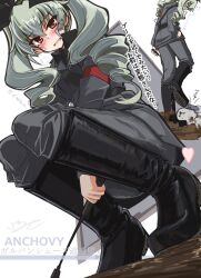 Rule 34 | !?, 1girl, 1other, absurdres, anchovy (girls und panzer), anzio military uniform, belt, black belt, black footwear, black necktie, black ribbon, black shirt, blush, boots, cellphone, commentary request, dress shirt, drill hair, girls und panzer, green hair, grey jacket, grey pants, hair ribbon, highres, holding, holding phone, isofude, jacket, knee boots, long hair, long sleeves, looking at viewer, military, military uniform, mud, necktie, open mouth, pants, partial commentary, phone, red eyes, ribbon, riding crop, sam browne belt, shirt, smartphone, smile, squatting, standing, sweatdrop, translated, twin drills, twintails, uniform, walking, wing collar