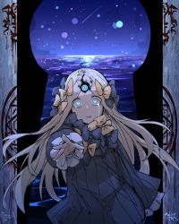 Rule 34 | 1girl, abigail williams (fate), black bow, black dress, blonde hair, blue eyes, bow, commission, crying, crying with eyes open, dress, fate/grand order, fate (series), hair bow, kankan33333, keyhole, long hair, looking at viewer, multiple hair bows, reaching, reaching towards viewer, skeb commission, solo, tears, third eye, wide sleeves, yellow bow