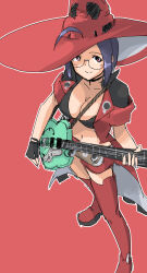 Rule 34 | ahoge, annko, black bra, boots, bra, breasts, cleavage, collarbone, commentary, cosplay, electric guitar, fingerless gloves, full body, glasses, gloves, guilty gear, guitar, hat, holding, holding instrument, i-no, i-no (cosplay), idolmaster, idolmaster (classic), instrument, jacket, large breasts, legs, looking at viewer, miniskirt, miura azusa, navel, parted bangs, pink eyes, purple hair, red background, red footwear, red hat, red jacket, red skirt, round eyewear, short hair, short sleeves, skirt, smile, standing, stomach, thigh boots, thighs, underwear, witch hat