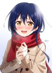 Rule 34 | 1girl, blue background, blue hair, blush, brown coat, coat, duffel coat, enpera, gradient background, haruharo (haruharo 7315), highres, long hair, long sleeves, looking at viewer, love live!, love live! school idol project, open mouth, orange eyes, red scarf, scarf, signature, sleeves past wrists, smile, solo, sonoda umi, upper body, white background, winter clothes, winter coat