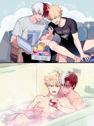 Rule 34 | 2boys, ? block, artist name, bag, bakugou katsuki, bath, bath bomb, bathtub, black shirt, black shorts, blonde hair, blue background, blue eyes, boku no hero academia, box, bubble, bubble bath, burn scar, cactusnabe, collarbone, commentary request, couch, faucet, grabbing, grey eyes, grey shirt, hair between eyes, hand up, heterochromia, highres, holding, holding box, male focus, mario (series), multicolored hair, multiple boys, nintendo, notice lines, on couch, open mouth, paper bag, partially submerged, pectoral grab, pillow, polka dot, polka dot background, red eyes, red hair, round teeth, scar, scar on face, shirt, short hair, short sleeves, shorts, simple background, sitting, smile, spiked hair, split-color hair, steam, t-shirt, teeth, todoroki shouto, twitter username, two-tone hair, water, wet, wet hair, white background, white hair, yaoi