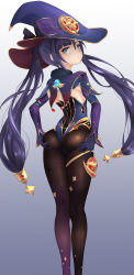 Rule 34 | 1girl, absurdres, artist request, ass support, blue eyes, commentary request, from behind, genshin impact, gradient background, grey background, hat, highres, legs, long hair, long legs, looking at viewer, looking back, mona (genshin impact), ningmeng fengmi, pantyhose, purple hair, solo, thighs, witch hat