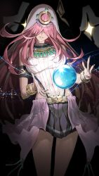 Rule 34 | 1girl, arm cuffs, bracelet, breasts, crystal ball, famepeera, hair over eyes, heattech leotard, heaven burns red, highres, jewelry, large breasts, leotard, long hair, parted lips, pink hair, pleated skirt, sakuraba seira, second-party source, skirt, sleeveless turtleneck leotard, solo, turtleneck, upper body, veil, very long hair, white leotard, white veil