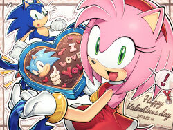 Rule 34 | !, 1boy, 1girl, ?, amy rose, animal ears, animal nose, arrow (symbol), bare back, bare shoulders, blue fur, blush, border, bow, box, bracelet, brown border, cake, chocolate cake, clenched hands, commentary request, dated, dress, eyelashes, food, from behind, furry, furry female, furry male, gloves, gold bracelet, green eyes, hairband, hands up, happy valentine, heart-shaped box, heart-shaped cake, hedgehog, hedgehog ears, hedgehog girl, hedgehog tail, highres, holding, holding box, jewelry, looking at another, looking at viewer, looking back, open mouth, outside border, pink fur, polka dot, polka dot background, red dress, red hairband, show chiku-by, sleeveless, sleeveless dress, smile, sonic (series), sonic the hedgehog, speech bubble, standing, tail, tape, tongue, twitter username, white background, white gloves