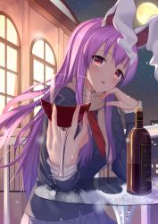 Rule 34 | 1girl, absurdres, alcohol, animal ears, blazer, bottle, breasts, buttons, cityscape, commentary request, cup, drinking glass, hair between eyes, head on hand, highres, holding, holding cup, jacket, long hair, long sleeves, looking at viewer, moon, nearoul kishi, necktie, open mouth, pink skirt, pleated skirt, purple hair, rabbit ears, rabbit girl, rabbit tail, red eyes, reisen udongein inaba, scarf, skirt, snow, solo, star (sky), tail, touhou, window, wine, wine bottle, wine glass