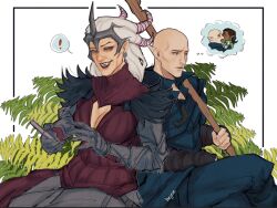 Rule 34 | !, 1boy, 2girls, armor, back-to-back, bald, dragon age, dragon age: inquisition, earrings, elf, feet out of frame, fern, flemeth, headdress, hejee, highres, image in thought bubble, imagining, impossible hair, jewelry, long hair, looking down, mature male, multiple girls, old, old woman, pointy ears, purple lips, sharp teeth, simple background, sitting, smile, solas, speech bubble, spoken exclamation mark, teeth, thought bubble, white background, white hair, wrinkled skin