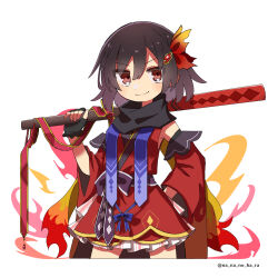 Rule 34 | &gt;:), 1girl, black gloves, black scarf, blue ribbon, brown hair, brown sash, closed mouth, cowboy shot, cropped legs, detached sleeves, dot nose, fingerless gloves, flame print, furisode, gem, gloves, hair between eyes, hair ornament, hand on own hip, hand up, hara (nanohara), highres, holding, holding weapon, japanese clothes, kimono, long sleeves, looking at viewer, magia record: mahou shoujo madoka magica gaiden, magical girl, mahou shoujo madoka magica, natsu ryoko, red eyes, red gemstone, red kimono, ribbon, scarf, short hair, short kimono, simple background, sleeveless, sleeveless kimono, smile, solo, split mouth, twitter username, v-shaped eyebrows, weapon, white background