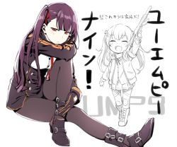 Rule 34 | 2girls, :3, :d, ^ ^, arm up, black footwear, black gloves, black jacket, black legwear, blush, boots, breasts, buttons, closed eyes, closed mouth, crossed legs, double-breasted, dress shirt, framed breasts, girls&#039; frontline, gloves, gun, h&amp;k ump, hair ornament, hair ribbon, hairclip, heckler &amp; koch, high heels, holding, holding gun, holding weapon, jacket, kinosuke (sositeimanoga), long hair, long sleeves, looking at viewer, medium breasts, miniskirt, multiple girls, neck ribbon, one side up, open clothes, open jacket, open mouth, pantyhose, pleated skirt, purple hair, red eyes, red ribbon, ribbon, scar, scar across eye, scar on face, shirt, simple background, skirt, smile, submachine gun, translated, twintails, ump9 (girls&#039; frontline), wa2000 (girls&#039; frontline), weapon, white background, white shirt