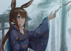 Rule 34 | 1girl, akabane hibame, alternate costume, amiya (arknights), animal ears, animal print, arknights, arm up, bare tree, blue kimono, blush, branch, brown eyes, brown hair, closed mouth, commentary request, day, extra ears, floral print, hair between eyes, japanese clothes, jewelry, kimono, long hair, long sleeves, outdoors, outstretched arm, ponytail, print kimono, rabbit ears, rabbit girl, rabbit print, ring, sidelocks, smile, snowing, solo, tree, wide sleeves, winter