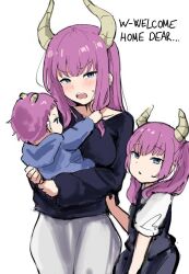 Rule 34 | 1other, 2girls, alternate hairstyle, aura (sousou no frieren), baby, black shirt, blush, commentary, contemporary, demon girl, demon horns, english commentary, grabbing another&#039;s hair, hair down, holding baby, horns, long hair, looking at viewer, multiple girls, pokoooo (fartsonist), purple hair, shirt, simple background, sketch, sousou no frieren, white background