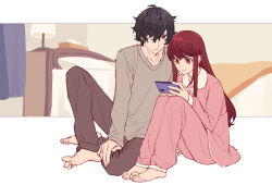 Rule 34 | 1boy, 1girl, absurdres, alternate costume, amamiya ren, barefoot, bed, black eyes, black hair, brown pants, cellphone, closed mouth, collarbone, commentary request, grey shirt, hair between eyes, highres, holding, holding phone, indoors, long hair, long sleeves, messy hair, pajamas, pants, persona, persona 5, persona 5 the royal, phone, pink pajamas, pink pants, red eyes, red hair, shirt, short hair, sitting, toes, tsubsa syaoin, yoshizawa sumire