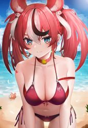 Rule 34 | 1girl, absurdres, animal ears, beach, bikini, black hair, blue eyes, breasts, choker, cleavage, closed mouth, cowboy shot, day, dice hair ornament, extra ears, hair between eyes, hair ornament, hakos baelz, heart, heart tattoo, highres, hololive, hololive english, large breasts, leaning forward, looking at viewer, mouse ears, mr. squeaks (hakos baelz), multicolored hair, ocean, outdoors, red bikini, red choker, red hair, shoulder tattoo, side-tie bikini bottom, solo, standing, streaked hair, string, swimsuit, tattoo, twintails, virtual youtuber, white hair, ziteng yue