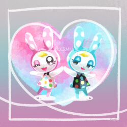 Rule 34 | 2girls, animal crossing, animal nose, arms up, artist name, black dress, black eyes, blonde hair, blue eyeshadow, blue fur, body fur, border, chrissy (animal crossing), collared dress, derivative work, dress, english text, eyeshadow, female focus, flat chest, francine (animal crossing), furry, furry female, half-closed eyes, happy, heart, heart background, holding hands, leaf (pixiv17652941), looking at another, looking at viewer, looking to the side, makeup, multiple girls, nintendo, one eye closed, open mouth, outstretched arms, pink fur, polka dot, polka dot dress, rabbit ears, rabbit girl, rabbit tail, short dress, short hair, siblings, signature, sisters, sleeveless, sleeveless dress, smile, standing, standing on one leg, swept bangs, symmetry, two-tone fur, white border, white dress, white fur, wide-eyed, wink