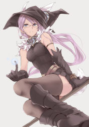 Rule 34 | 1girl, black gloves, black thighhighs, blue eyes, boots, earrings, fur trim, glasses, gloves, hat, highres, jewelry, long hair, looking at viewer, original, purple hair, simple background, skirt, sleeveless, smile, solo, thighhighs, touma kisa, witch, witch hat
