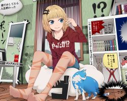 Rule 34 | !?, 1girl, blonde hair, blue eyes, blunt bangs, book, bookshelf, breasts, can, cat, clothes writing, coca-cola, flying sweatdrops, full-length mirror, hair ornament, hood, hoodie, indoors, mirror, moai, no shoes, original, pantyhose, short hair, shorts, sitting, solo, surreal, table, translation request, window, window blinds, wooden floor, yajirushi (chanoma)