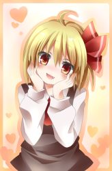 Rule 34 | 1girl, ahoge, blonde hair, blouse, blush, fang, hair ribbon, hands on own cheeks, hands on own face, head tilt, heart, heart background, looking at viewer, orange eyes, ribbon, rumia, shirt, short hair, simple background, smile, tamichan, touhou, vest