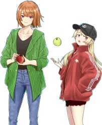 Rule 34 | 2girls, apple, baseball cap, black headwear, black shirt, blonde hair, blue eyes, blue pants, brown hair, brown skirt, closed mouth, collarbone, cowboy shot, denim, flying witch, food, fruit, green apple, green jacket, hand in pocket, hat, highres, holding, holding food, holding fruit, inukai (flying witch), ishizuka chihiro, jacket, jewelry, long hair, looking at viewer, medium hair, multiple girls, necklace, official art, open mouth, pants, red apple, red jacket, shiina anzu (flying witch), shirt, simple background, skirt, smile, white background
