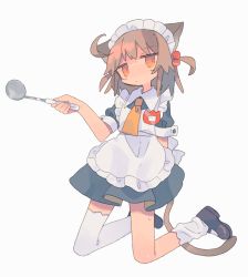 Rule 34 | 1girl, ahoge, animal ears, apron, arm behind back, black footwear, brown hair, cat ears, cat girl, cat tail, closed mouth, collared dress, daizu (melon-lemon), dress, frilled apron, frills, full body, grey dress, hair bobbles, hair ornament, hand up, highres, holding, holding ladle, kneeling, ladle, looking at viewer, loose thighhigh, maid, maid apron, maid headdress, mary janes, medium hair, name tag, necktie, orange eyes, orange necktie, original, shoes, short dress, short sleeves, simple background, solo, sweat, tail, thighhighs, two side up, white apron, white background, white thighhighs