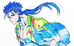 Rule 34 | 1boy, beads, blue hair, blue sky, cloud, collarbone, collared shirt, cu chulainn (fate), cu chulainn (fate/stay night), earrings, fate/stay night, fate (series), hair beads, hair ornament, highres, jewelry, kon manatsu, long hair, looking back, male focus, muscular, official alternate costume, open clothes, open shirt, ponytail, rainbow, red eyes, shirt, simple background, sky, smile, solo, spiked hair, type-moon, white background
