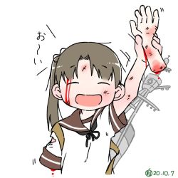 Rule 34 | amputee, ayanami (kancolle), blood, blood on arm, blood on face, brown hair, brown sailor collar, bruise, bruise on face, commentary request, closed eyes, hair ribbon, holding own arm, injury, kantai collection, long hair, missing limb, open mouth, ribbon, rigging, sailor collar, school uniform, serafuku, short sleeves, side ponytail, smokestack, translation request, tsubutarou