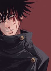 Rule 34 | 1boy, absurdres, black hair, bleeding, blood, blood on face, buttons, commentary, english commentary, eyelashes, fushiguro megumi, green eyes, hair between eyes, head tilt, high collar, highres, jujutsu kaisen, lips, long sleeves, looking away, male focus, nose, portrait, red background, saucybrtt, school uniform, serious, short hair, simple background, solo, spiked hair, teeth