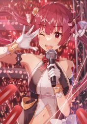 Rule 34 | 1girl, ;d, absurdres, armband, armpits, bare shoulders, breasts, clothing cutout, gloves, glowstick, hair ribbon, halterneck, halterneck, hand up, haru yu, highres, holding, holding microphone, hololive, hololive idol uniform, houshou marine, idol, large breasts, long hair, microphone, navel, navel cutout, official alternate costume, one eye closed, open mouth, red eyes, red hair, red ribbon, ribbon, sleeveless, smile, solo, stage, twintails, virtual youtuber, white gloves, wrist cuffs