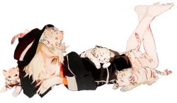 Rule 34 | 10s, 1boy, blonde hair, gokotai, gokotai&#039;s tigers, hair over one eye, hat, lying, male focus, on stomach, open mouth, shorts, smile, tiger, tiger cub, touken ranbu, white tiger, yarily, yellow eyes