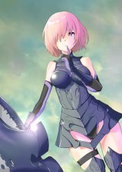 Rule 34 | 1girl, absurdres, armored boots, armored leotard, black leotard, boots, breasts, breasts apart, dutch angle, elbow gloves, fate/grand order, fate (series), finger to mouth, gloves, hair over one eye, highres, index finger raised, leotard, looking at viewer, mash kyrielight, medium breasts, outdoors, p.i.t.d, parted lips, pink hair, purple eyes, short hair, solo, standing, tears, thigh boots, thigh strap, thighhighs