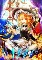 Rule 34 | 1girl, ankle socks, apron, bad id, bad pixiv id, blonde hair, book, bow, bowtie, braid, butterfly sitting, curtains, globe, hair bow, hat, hat ribbon, indian style, kirisame marisa, long hair, looking at viewer, mary janes, open book, open mouth, pentagram, puffy short sleeves, puffy sleeves, renon (tenle), ribbon, shoes, short sleeves, single braid, sitting, skirt, skirt set, socks, solo, sparkle, star (symbol), test tube, touhou, waist apron, window, witch hat, yellow eyes