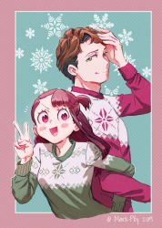 Rule 34 | 1boy, 1girl, andrew hanbridge, artist name, asymmetrical bangs, blush stickers, brown hair, christmas, christmas sweater, closed mouth, commentary, cropped torso, dated, green eyes, green sweater, hair tie in mouth, hand in own hair, hetero, highres, kagari atsuko, little witch academia, locked arms, long hair, long sleeves, marii pily, mouth hold, notice lines, one side up, open mouth, outside border, purple eyes, red sweater, smile, snowflake background, sweater, v, v-shaped eyes