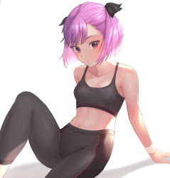Rule 34 | 1girl, bare shoulders, black bow, black pants, black sports bra, blush, bow, breasts, collarbone, fate/grand order, fate (series), hair bow, helena blavatsky (fate), highres, looking at viewer, navel, otsukemono, pants, purple eyes, purple hair, short hair, sitting, small breasts, solo, sports bra, sweatband, tight clothes, tight pants, yoga pants