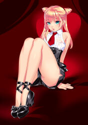 Rule 34 | 1boy, aqua eyes, arm support, arms behind back, bare arms, bare shoulders, black bow, black corset, black shorts, blonde hair, blunt bangs, blush, bow, collared shirt, commentary request, corset, covered erect nipples, eyes visible through hair, footwear bow, full body, high heels, highres, knees up, legs together, lips, lipstick, long hair, looking at viewer, makeup, male focus, master maichin, necktie, no panties, original, parted lips, pumps, red necktie, see-through, see-through shirt, shirt, short necktie, short shorts, shorts, side slit, side slit shorts, sleeveless, sleeveless shirt, solo, testicle peek, thick lips, thick thighs, thighs, trap, upshorts, white shirt