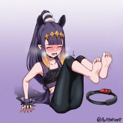 Rule 34 | arm support, artist name, artpatient, ass, barefoot, black gloves, black leggings, blunt bangs, blush, closed eyes, commentary, english commentary, exercising, feet, fingerless gloves, full body, gloves, gradient background, gradient hair, highres, hololive, hololive english, leggings, legs up, long hair, low-tied long hair, mole, mole under eye, multicolored hair, ninomae ina&#039;nis, open mouth, orange hair, pointy ears, ponytail, purple hair, ring fit adventure, shadow, soles, solo, sports bra, sweat, tentacle hair, toes, trembling, virtual youtuber