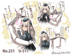 Rule 34 | !, 10s, 1boy, 1girl, ^^^, admiral (kancolle), blonde hair, blue eyes, blush, grabbing another&#039;s breast, character name, closed mouth, commentary request, cropped jacket, epaulettes, eyebrows, garrison cap, grabbing, hair between eyes, hand on another&#039;s head, hat, hetero, hug, kantai collection, long hair, long sleeves, looking at another, looking back, military, military uniform, naval uniform, smile, speech bubble, spoken exclamation mark, suzuki toto, translation request, twitter username, u-511 (kancolle), uniform