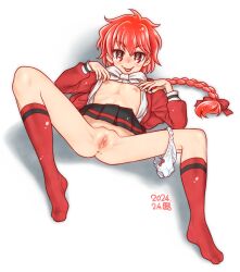 Rule 34 | 1girl, anus, black skirt, bow, bow panties, bowtie, braid, braided ponytail, censored, clothes lift, dated, flat chest, hair between eyes, hair bow, highres, jacket, kneehighs, looking at viewer, magic knight rayearth, mosaic censoring, nipples, no bra, no shoes, panties, panties around leg, pleated skirt, pussy, pussy juice, red hair, red jacket, red socks, shidou hikaru, shirt, shirt lift, simple background, skirt, skirt lift, socks, solo, spread legs, taryl, tongue, tongue out, underwear, white background, white bow, white bowtie, white panties, white shirt