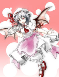 Rule 34 | 1girl, apron, ascot, bat wings, bow, cup, fang, female focus, frills, hat, hat ribbon, jewelry, open mouth, puffy sleeves, red eyes, remilia scarlet, ribbon, shiina shian, short sleeves, silver hair, slit pupils, solo, spoon, sugar, teacup, touhou, tray, watch, wings, wristwatch