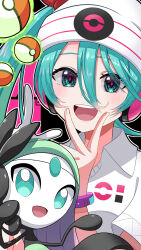 Rule 34 | 1girl, :d, absurdres, beanie, blue eyes, blue hair, clip studio paint (medium), collared shirt, commentary request, creatures (company), crossover, game freak, gen 5 pokemon, hair between eyes, hand up, hat, hatsune miku, highres, legendary pokemon, long hair, looking at viewer, meloetta, mythical pokemon, nintendo, open mouth, poke ball, poke ball (basic), pokemon, pokemon (creature), project voltage, psychic miku (project voltage), shirt, smile, tatyaoekaki, teeth, twintails, upper teeth only, v over mouth, vocaloid, white headwear, white shirt