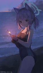 Rule 34 | 1girl, absurdres, akizuki kawakaze, animal ears, bare arms, bare legs, bare shoulders, beach, black one-piece swimsuit, blue archive, blue eyes, blue halo, cowboy shot, cross hair ornament, dated, extra ears, fireworks, grey hair, hair ornament, halo, highres, holding, holding fireworks, medium hair, ocean, official alternate costume, one-piece swimsuit, outdoors, parted lips, shiroko (blue archive), shiroko (swimsuit) (blue archive), solo, swimsuit, twitter username, wolf ears